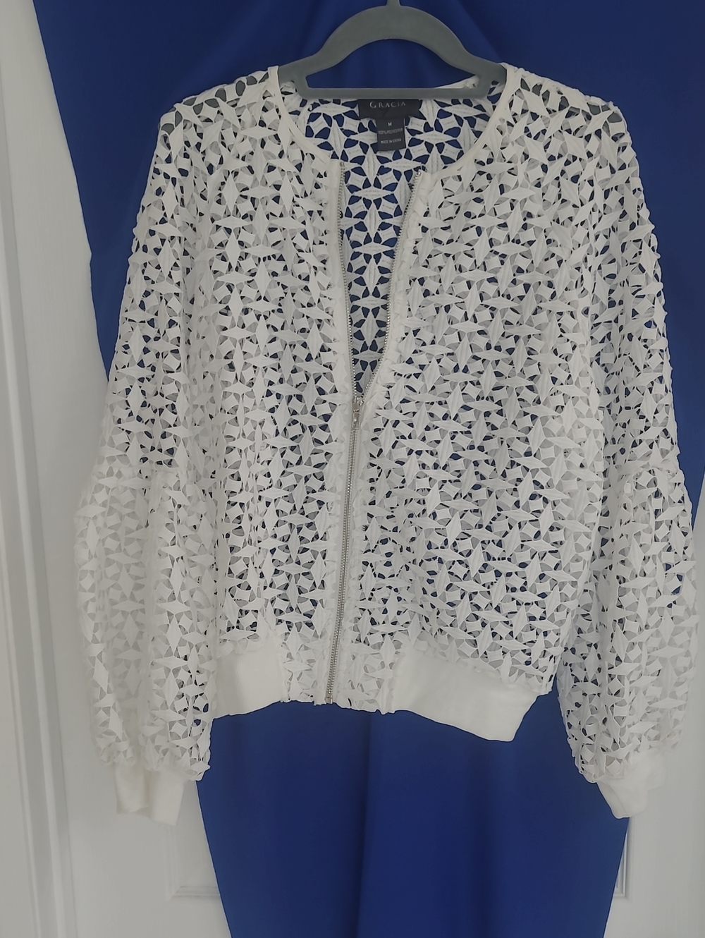 Gracia White Crochet Lace Bomber Jacket